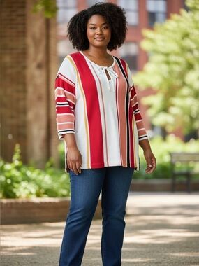 LOFT Red Paseo Striped Lace Up Tunic Knit Sweater- Size Large